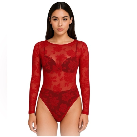 By Anthropologie floral lace bodysuit in red  - size small - Picture 1 of 12